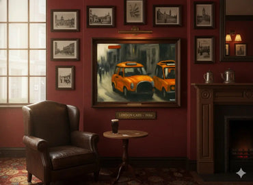 Orange Taxis on City Street - Imaginative Realities Collection Mosseri Art Gallery